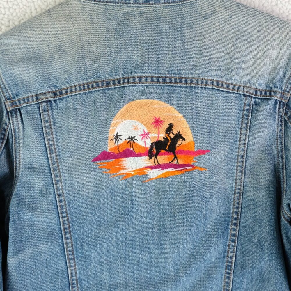 J Brand Jean Jacket Womens Small Blue Western Embroidered Darci Distressed